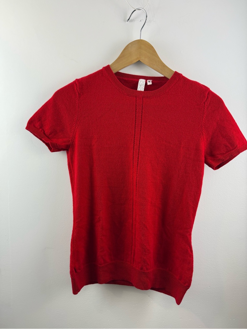 LONIA 100% Cashmere Red Short Sleeve Pointelle Center Crewneck Knit Sweater M⁠